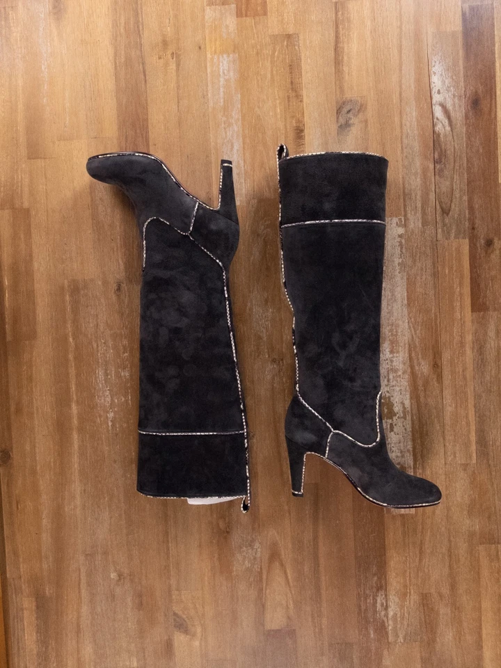 SIN IMPUESTO ADUANERO CHRISTIAN LOUBOUTIN Louloubotta carbón serpiente ribete botas de gamuza 7 Foto 2 de 4