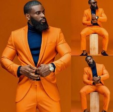 Orange Men's Suits Coat Slim Fit Jacket Pants Party Notch Lapel Single Breasted