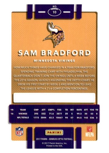 Tarjeta base Optic Sam Bradford NFL PWE 2017 Vikings #10 - Imagen 2 de 2