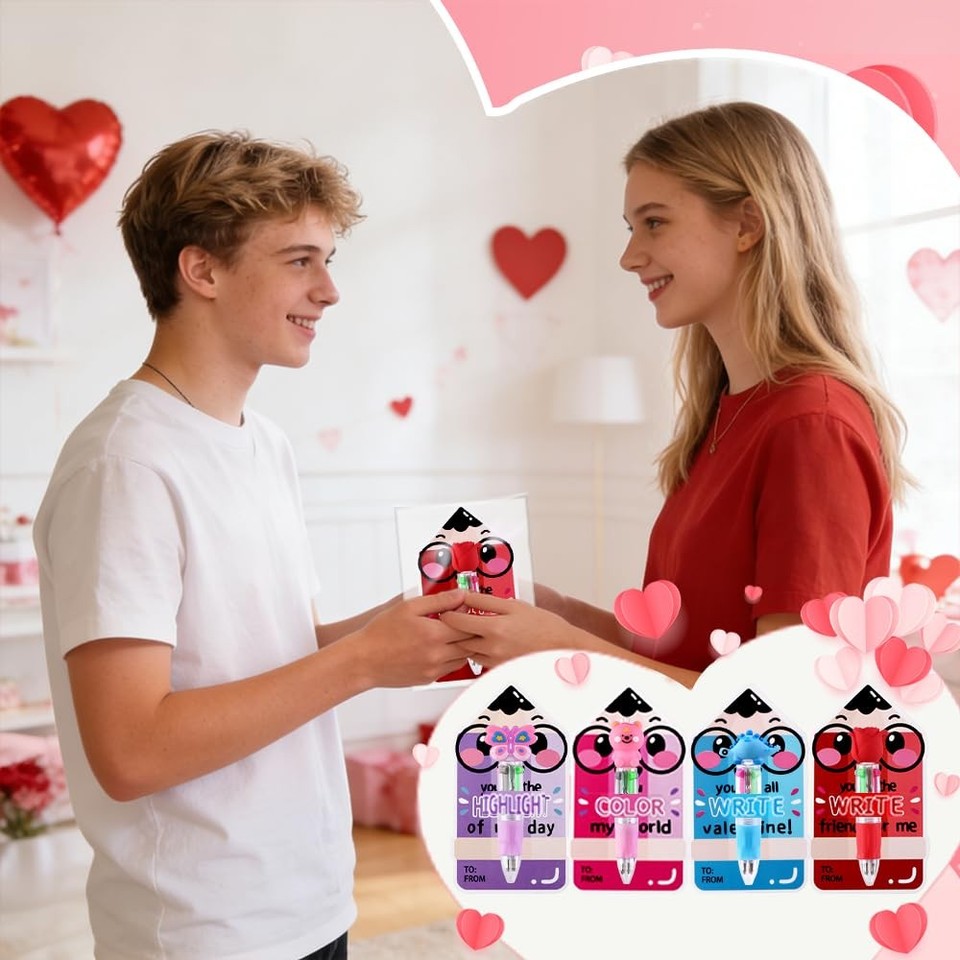30 Pack Valentines Fun Pens with Cards 0.7mm Cute Animal Multicolor ...