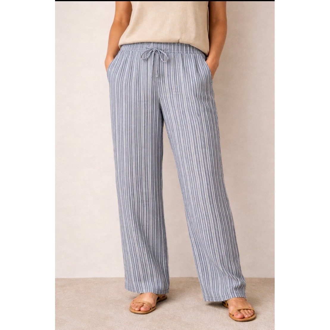 Briggs Coastal Chic Blue White Stripe Linen Blend Pull On Pants Womens L