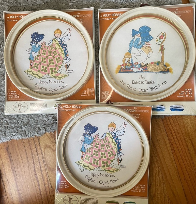 3 Paragon Needlecraft Holly Hobbie Stitchery Kits W Round Frame NEW From 1972