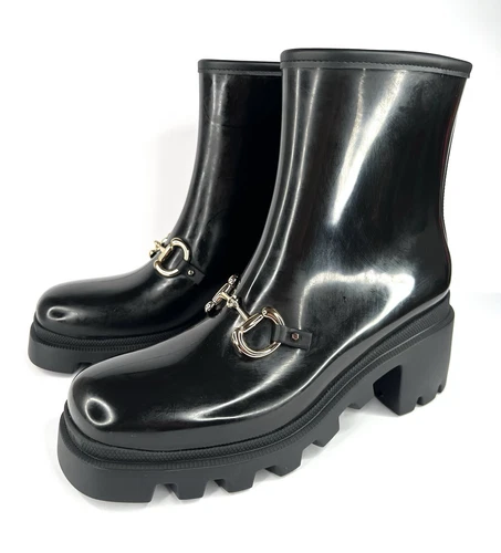 Gucci Horsebit Detail Bottes de Pluie Femme Caoutchouc Noir Equestre Vegan Taille EU 42