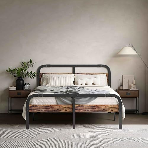 Full Size Metal Bed Frame with Rustic Wood Headboard and Footboard