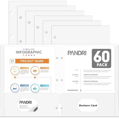 Two Pocket Portfolio Folders,  60 Pack 3 Hole Punched 2 Pocket Folders White