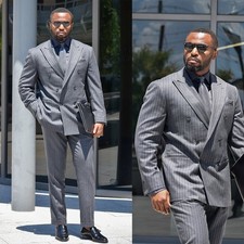 Business Mens Suit Striped Regular Fit Peak Lapel Groom Prom Double Breasted