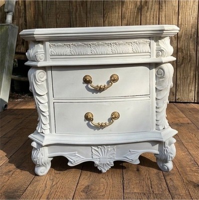 Antique White French Country Nightstand with Carvings, Brass Handles, 2 Drawers