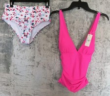 Beachsissi Women's NWT Bright Pink Tankini Top Open Floral White Bottom Size L
