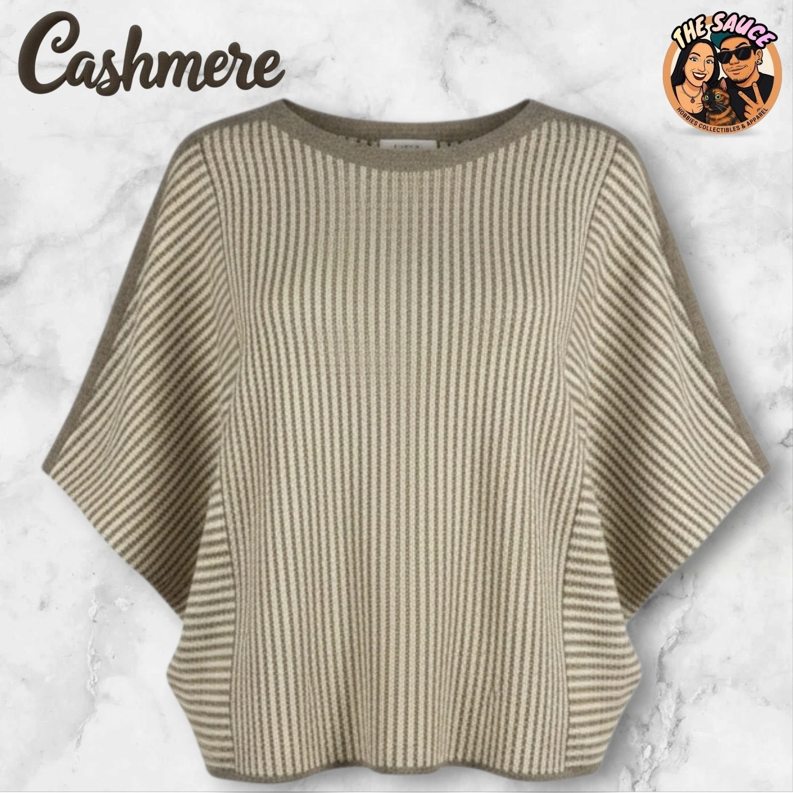 Club Monaco 100% Cashmere Poncho Sweater Womens Large Tan Cream Striped Knit