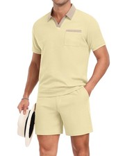 Men's Summer Track Suits Waffle Knit Polo Shirt and Shorts Set Casual 2 Piece...