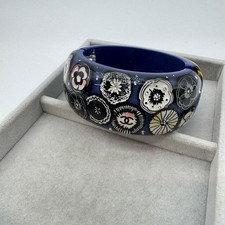 CHANEL Camellia CC Logo Resin Bangle Bracelet Blue Rhinestone 12P Wide Authentic