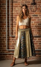 Stunning Vintage Satin/Silk Gold Metallic Butterfly Beaded Panel Skirt L 32 Glam