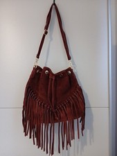 Borse In Pelle Italian Suede Burgandy Fringe Bucket Bag