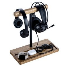 Solid Acacia Wood Headphone Stand for Desk Rustic Headset Holder with Storage...