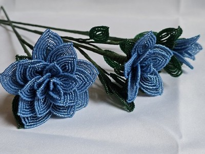 Blue French Beaded Roses   Set of 3 Handmade Glass Bead Flowers   Long Stem 
