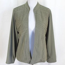 Chicos Blazer Jacket Size 1 M Olive Green Pintucks Long Sleeve Open Front Womens