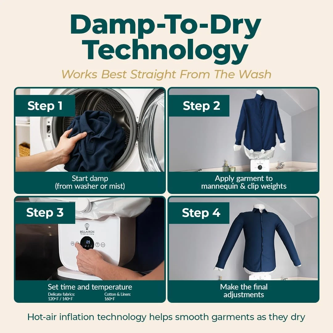 Step by step damp-to-dry process using the automatic ironing machine