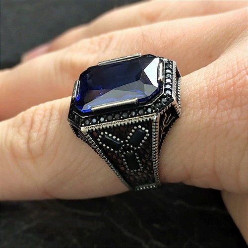 Men Dark Blue Sapphire Gemstone Silver Ring , Silver Square Sapphire Stone Ring - Picture 7 of 8