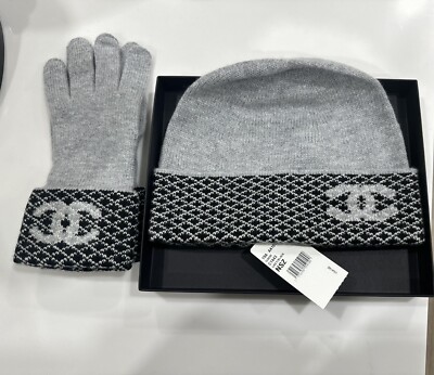 Authentic Chanel Cashmere Blend CC Beanie Hat With Gloves Set