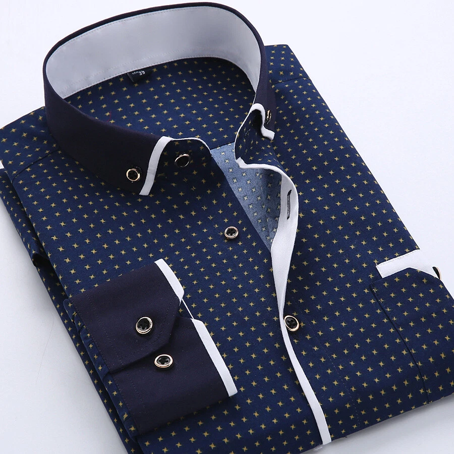 Mens Dress Shirts Long Sleeves Formal Business Slim Non Iron Dot Casual Shirts - Image 2 of 4
