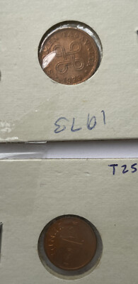 Finland 5 Pennia 1973 , 1968 1 Pennia Copper UNC T256