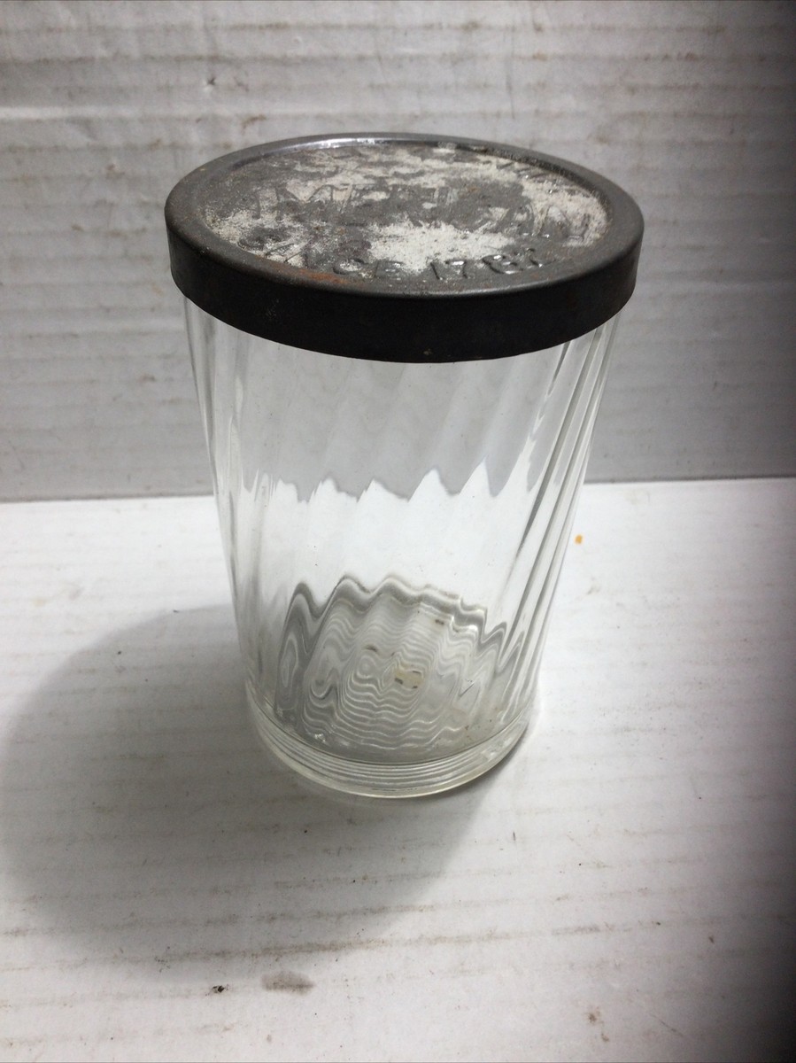 chewing tobacco glass Vintage American Quality Snuff Glass Drinking Jar with Tin Lid B-5 On  Bottom