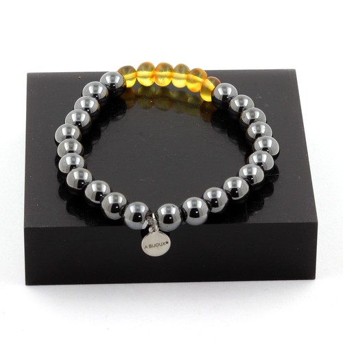 Bracelet En Acier Inoxydable Avec 5 Perles D'ambre - Marque A Bijoux - Neuf - Fabriqué En France