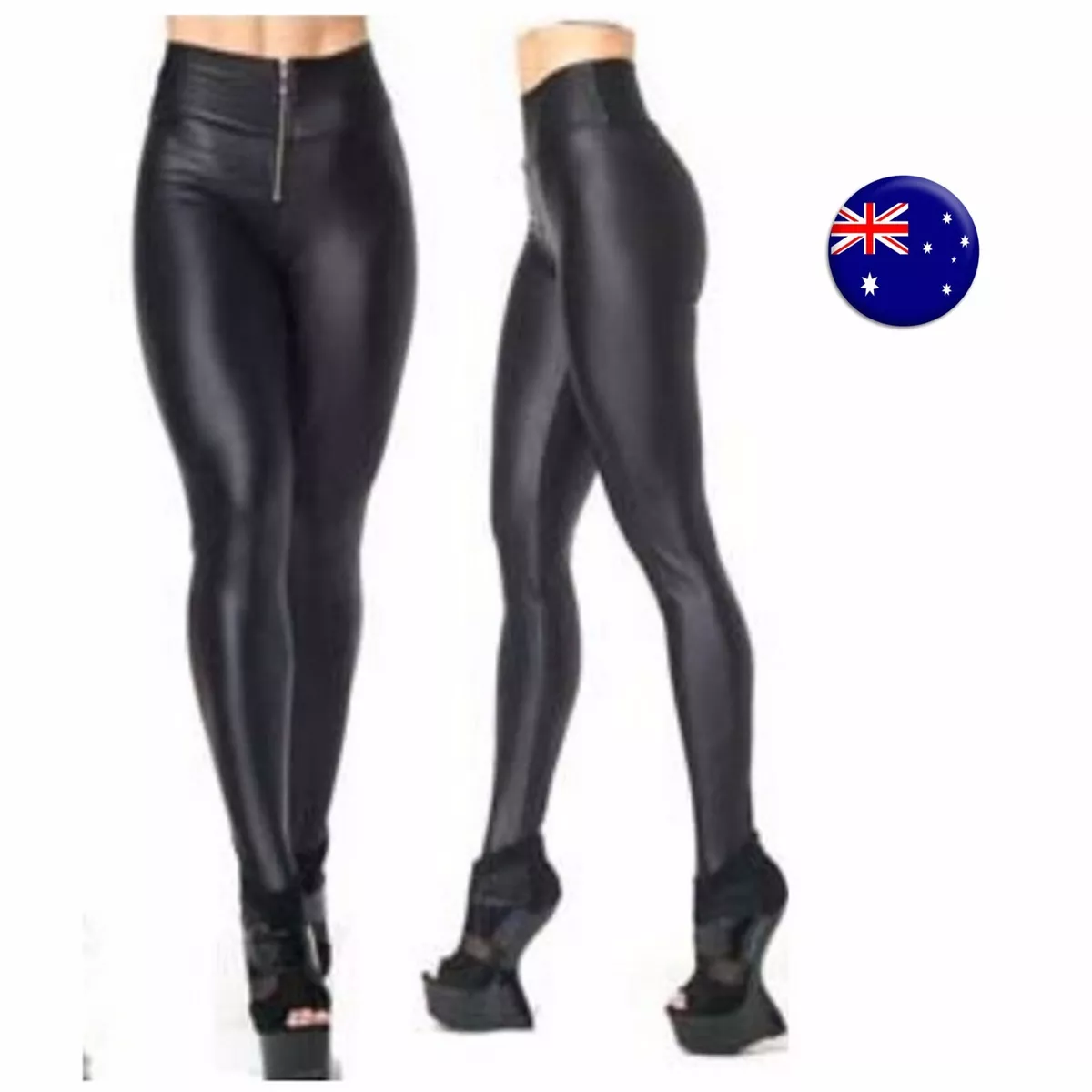 Women Black High waist front zipper Shine Faux Leather Leggings