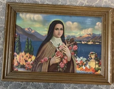 VTG FRAMED METAL LITHO ST. THERESE OF LISIEUX JESUS NUN CATHOLIC FLOWERS