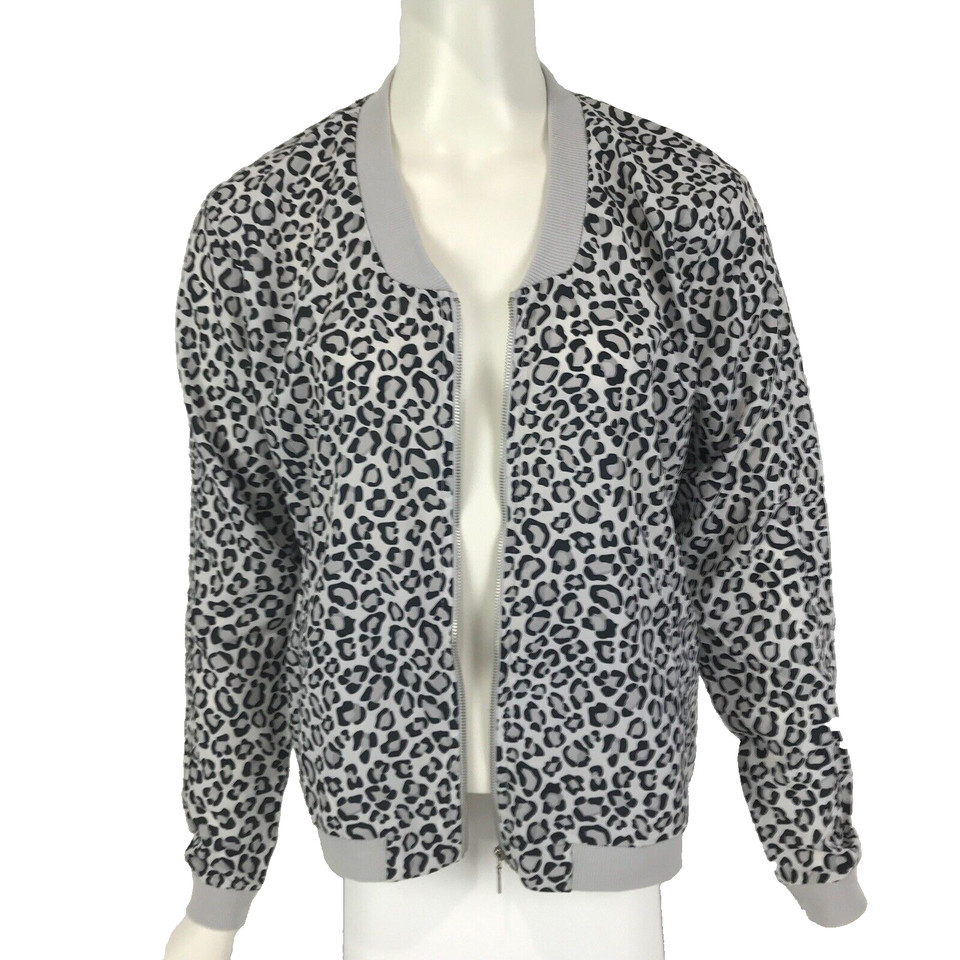 Atmosphere Jacket Grey Size 10 Black Leopard Print Zip Front Lightweight Bomber