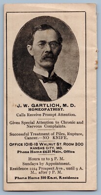 1919 Quackery Dr. J.W. Gartlich M.D. Homeopathist Caner Kansas City MO. Print Ad