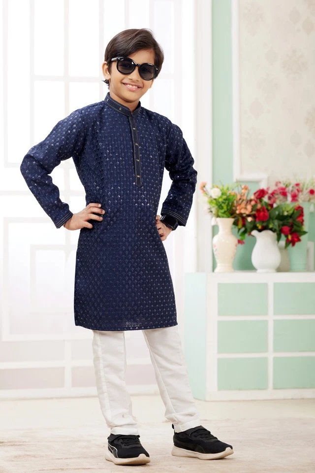 Conjunto de pijama Kurta Payjama bordado ropa étnica boda Bollywood para niños India Foto 3 de 3