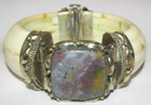 Vintage Antique Pull Pin Hinged Bangle Bracelet Light Beige Cream Purple Stone — photo 1