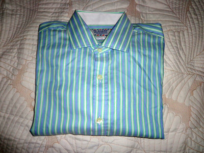 EL GANSO Shirt Men's (UK)40 Green Gray Striped Made in Portugal Embroidered Logo