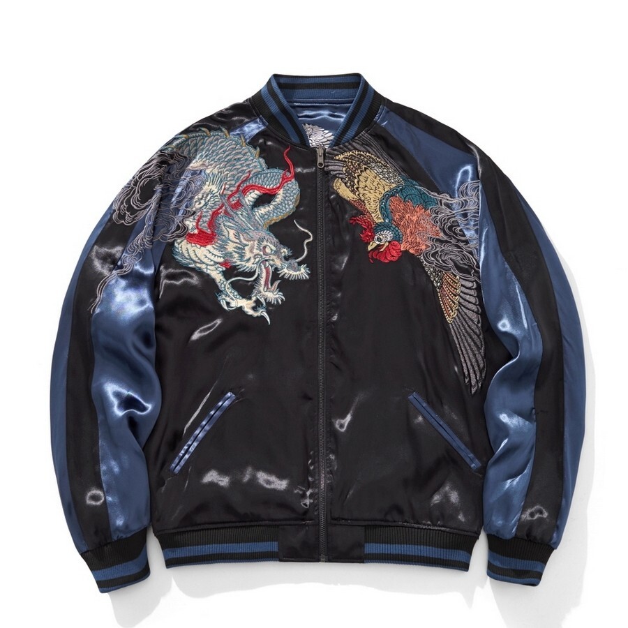 Mens Reversible Sukajan Souvenir Jacket Dragon Embroidery Baseball