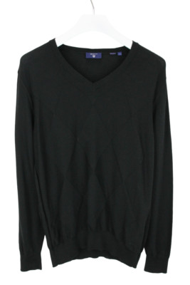 Gant Jumper Mens Large Sweater Wool Knitted V Neck Black