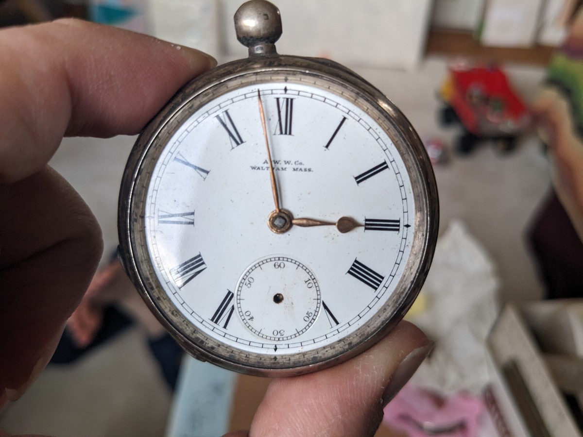 Waltham 1897 AWW Co Pocket Watch, Sterling Silver with Key, 53mm