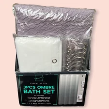 ESSENTIAL SPA 3 Pcs Bath Set Waffle Shower Curtain Liner & 12 Metal Hooks NOB