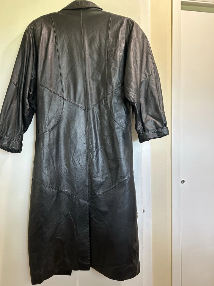 Vintage 80s Long Black Leather Coat Size S - Image 2 of 3