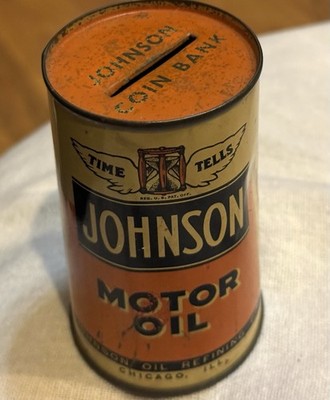 VINTAGE JOHNSON MOTOR OIL Refining Co Can Coin Bank Chicago Illinois/IL