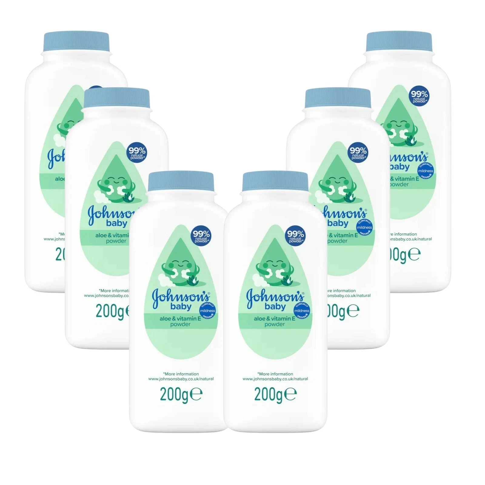 6 x 200g Johnson's Baby Powder Aloe & Vitamin E / 99% Natural Powder
Opens in a new window or tab