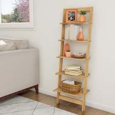 Lavish Home 5-Tier Ladder Bookshelf- Leaning Decorative Shelves, Pickled Oak