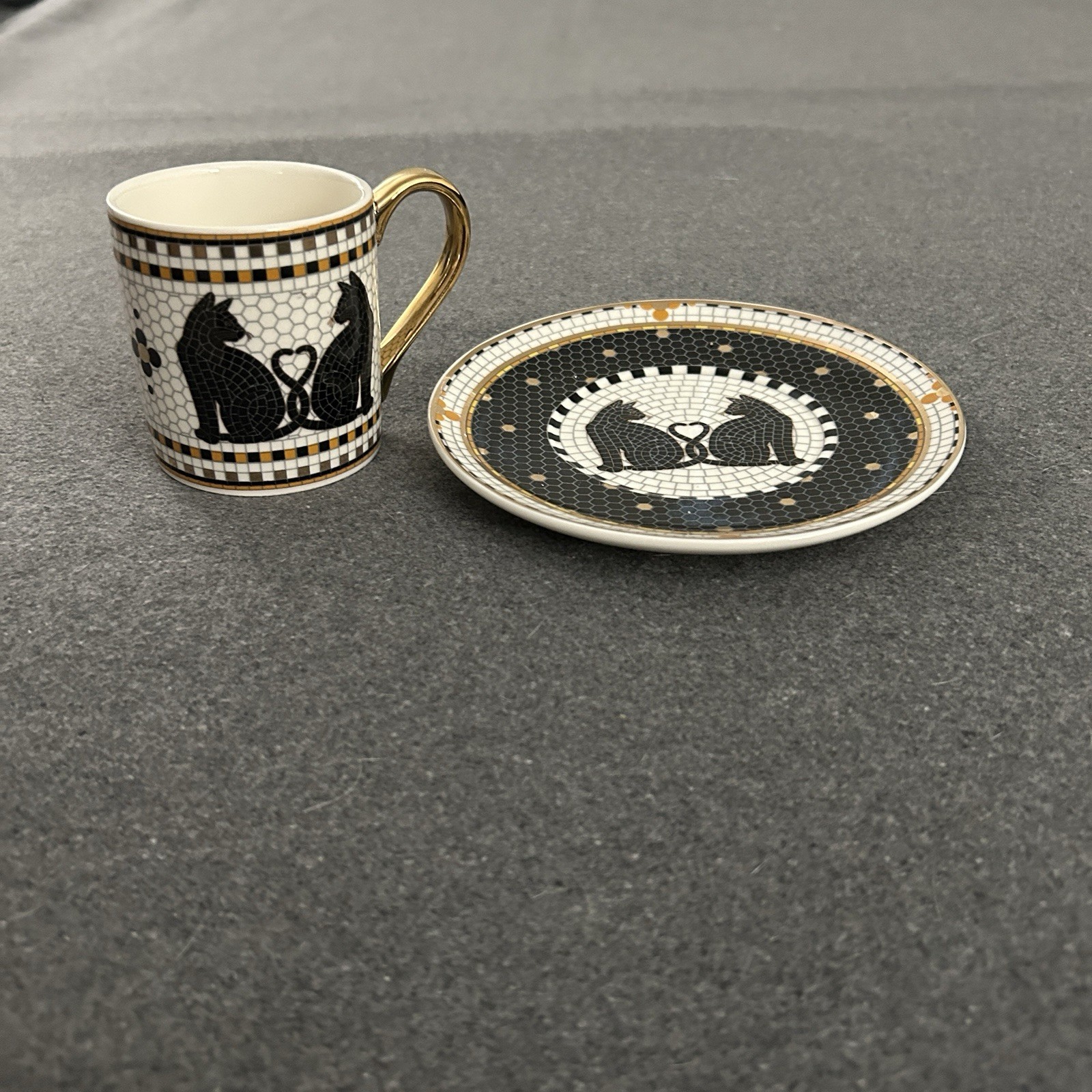 Anthropologie Bistro Tile Black Cats Espresso Cup Saucer Set NEW Halloween 5 oz