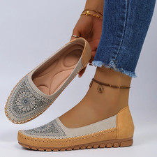 Women'S Wide Fit Loafers Slip on Breathable Flats Rhinestone Casual Shoes