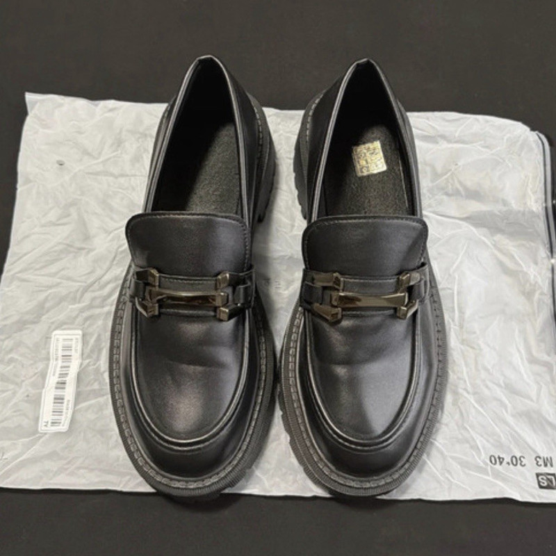 Women’s Black Monk Strap Dress Shoes Slip-On Lug Rubber Sole Faux Leather US 9