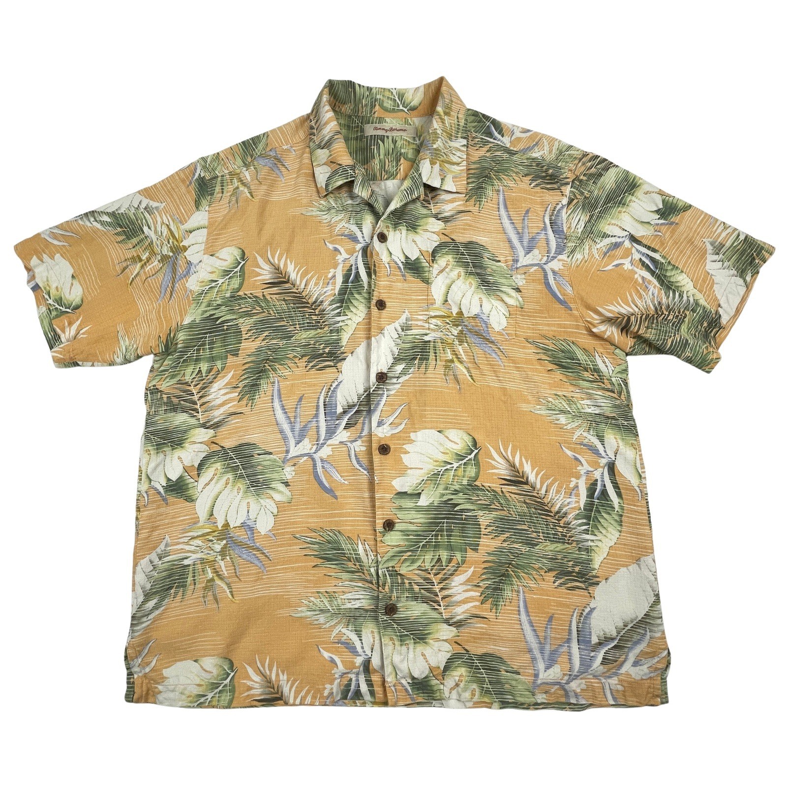 Tommy Bahama, Tommy Bahama Mens XL Camp Shirt Vintage 90s Silk Yellow Tropical Hawaiian Resort
