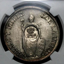 Philippines  1834 8 Real C/S on 1832  Peru  8 Real Exlnt Details NGC XF 725-1005