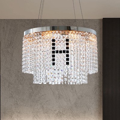 24'' 2-Tier Crystal Chandelier Modern Chrome Round Ceiling Pendant Light Fixture