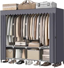 Wardrobe Closet，Grey Portable Closet with Zippers， 65.4Inches 19mm Diameter，P...