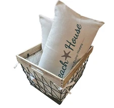 HUDSON HOME Large 15" Wire Storage Bin Basket Wood Handle Lined Heavy Duty Black